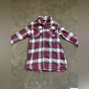 Red/white/black plaid coat, knee length, size small